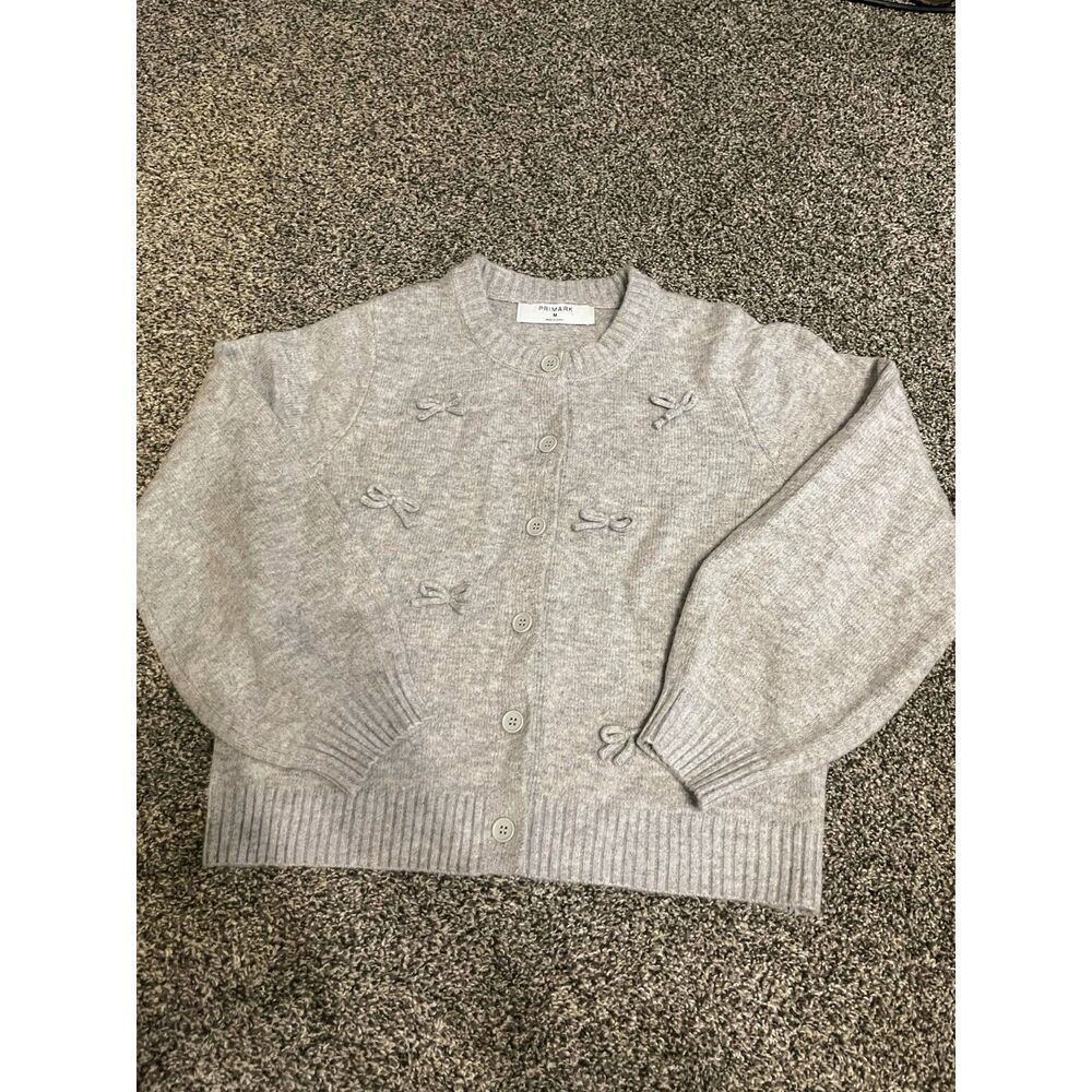 New Primark Gray Bow-Detail Knitted Long Sleeve Sweater Cardigan M
